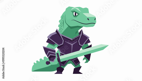 Medieval Cartoon Dinosaur Warrior in Purple Armor Holding a Sword
