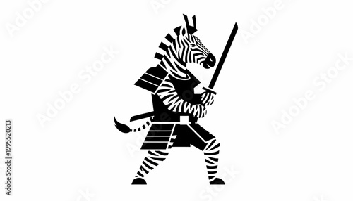 A powerful and stylized illustration featuring a zebra in full samurai attire, wielding a formidable sword, representing strength, discipline, and an unexpected warrior spirit
