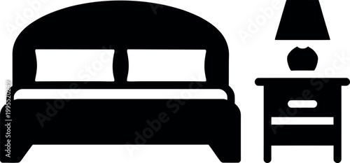 Minimalist black and white bedroom set featuring bed and nightstand with lamp