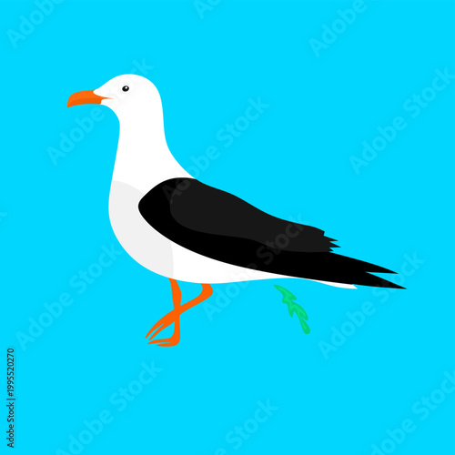 Vector illustration of a seagull defecating. Isolated on a blue background. Seagull droppings