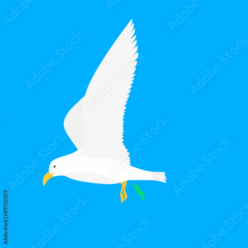 Vector illustration of a seagull defecating while flying. Isolated on a blue background. Bird droppings