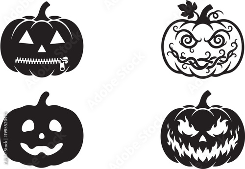 Halloween pumpkin icons, jack-o-lanterns, black and white vector graphics, 4 designs