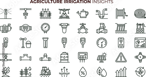 Agriculture irrigation insights outline icon set featuring smart farming water monitoring analytics vector collection for dashboards interfaces presentations applications platforms