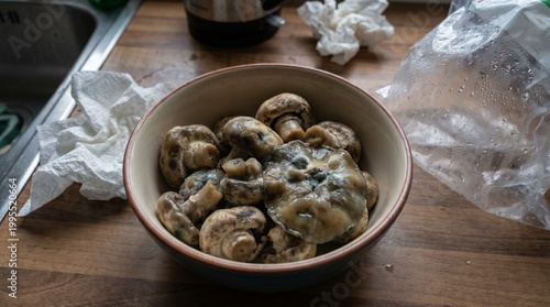 Bowl of spoiled mushrooms on kitchen counter.