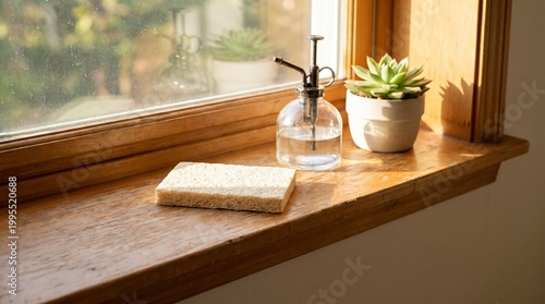 Sunlit Windowsill with Succulent Soap and Glass Bottle.
