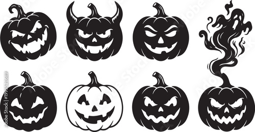 Halloween pumpkin faces, spooky jack-o-lanterns, black and white icons, vector illustrations, scary expressions