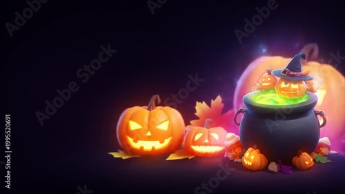 Cartoon halloween illustration featuring cauldron pumpkins and witch hat