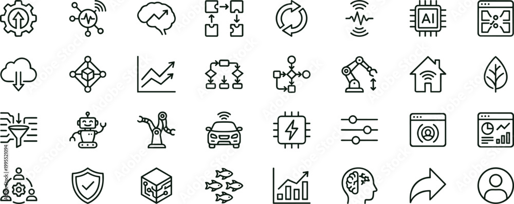 Fototapeta premium Artificial intelligence automation workflow outline icon set featuring smart analytics robotics integration vector collection for dashboards interfaces presentations applications platforms