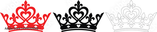 Ornate royal crown vector set, elegant tiara silhouettes with heart and fleur-de-lis details, red black and white queen coronet icons for luxury branding