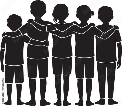 Silhouette of a group of cousins standing together with arms around each other
