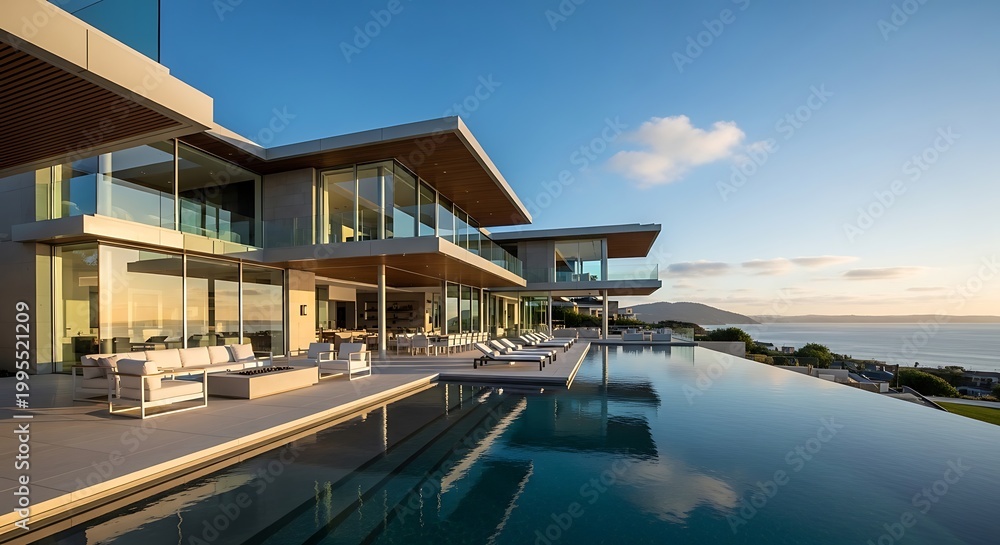 Fototapeta premium Luxury modern villa with infinity pool overlooking the ocean at sunset, expansive glass walls, contemporary design, upscale real estate, coastal living, serene ambiance