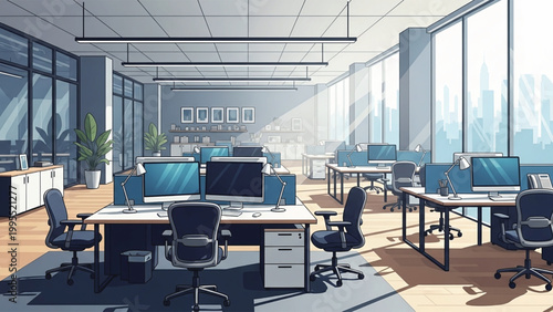 Modern office space with computers and chairs in a well lit room with large windows and city view.