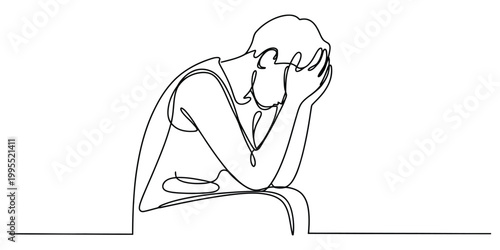 Sad person sitting with head in hands continuous line art