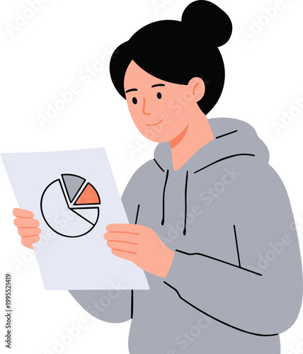 Woman analyzes pie chart on paper in office setting with documents