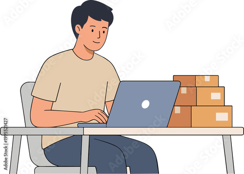 Man sitting at desk working on laptop with stacked boxes nearby indoors