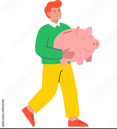 Man carrying large smiling piggy bank indoors with casual clothing