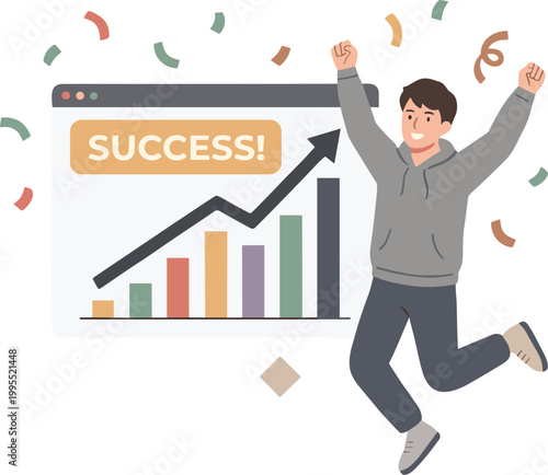 Man celebrates achievement with graph and success message on screen