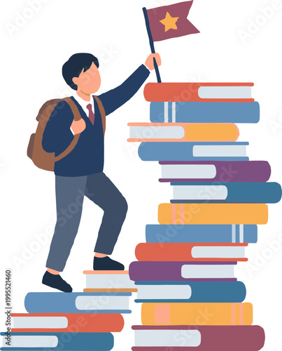 A student climbs a towering stack of colorful books holding a flag.