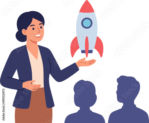 Businesswoman presents rocket model to audience in conference