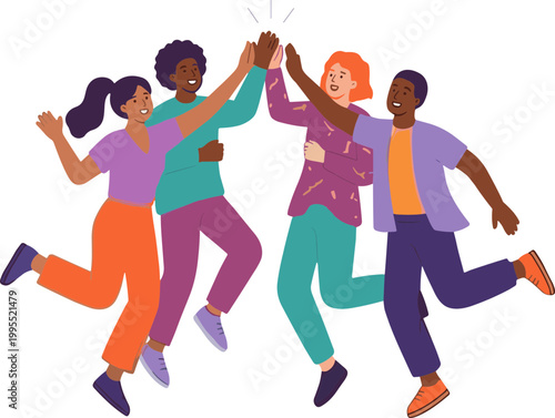 Diverse group of people jumping and celebrating together in a vibrant outdoor setting