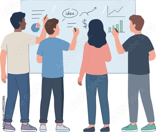People standing and discussing business ideas on a whiteboard with graphs