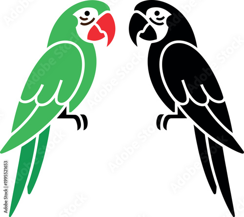 Two colorful parrots sitting side by side in a friendly manner