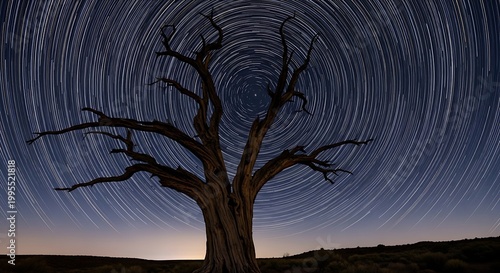 Star trails around a solitary dead tree in a desert landscape at night