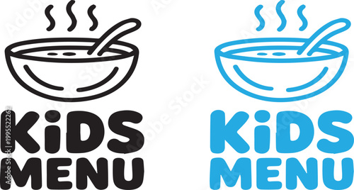 Kids menu with soup bowl icon playful typography vector illustration restaurant cafe food menu design children friendly branding black blue modern style