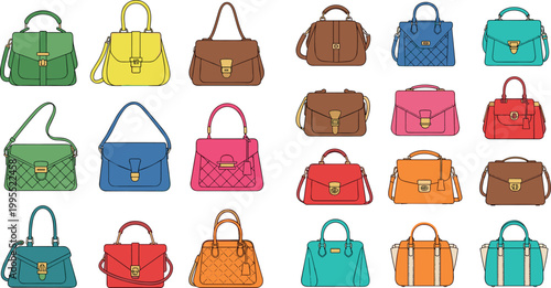 Colorful Women Fashion Handbag And Purse Collection Set Various Styles Trendy Luxury Accessories Isolated On White Background Vector Illustration