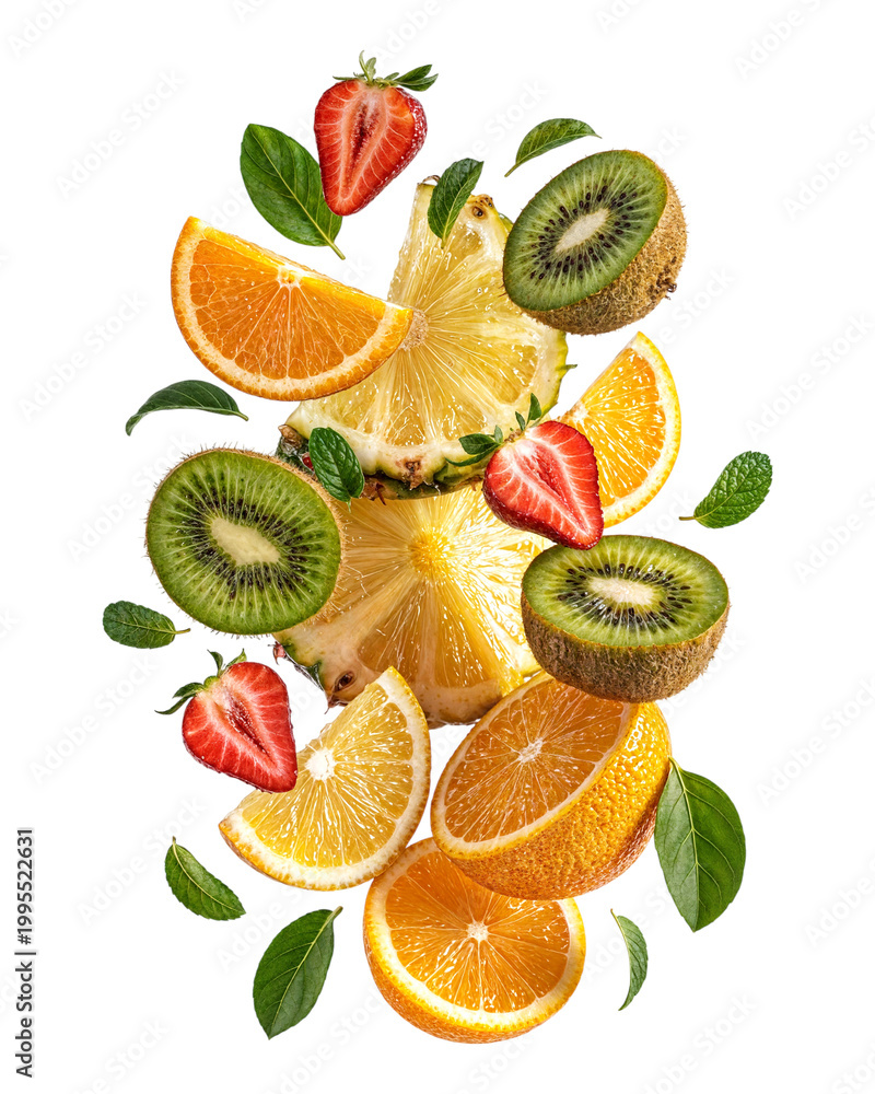 Fototapeta premium Floating pineapple, orange, lemon, kiwi and strawberry isolated on transparent background