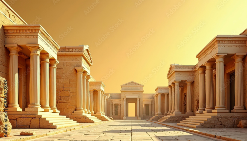 Fototapeta premium Yellow background with building and pillars. Ancient Greece and Roman empire textured wallpaper. Copy space