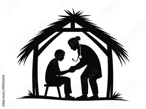 Rural healthcare professional providing medical care to patient in hut