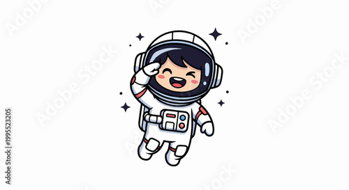 Happy astronaut child floating in space with a friendly salute.