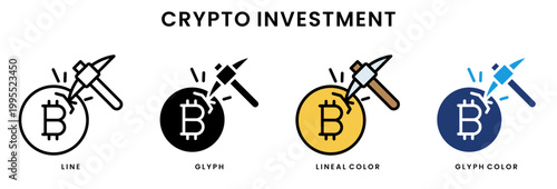 Crypto investment and bitcoin mining icon set in line, glyph, lineal color and glyph color styles