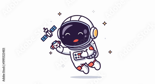 Happy Astronaut Floating in Space Holding a Cup with Satellite.