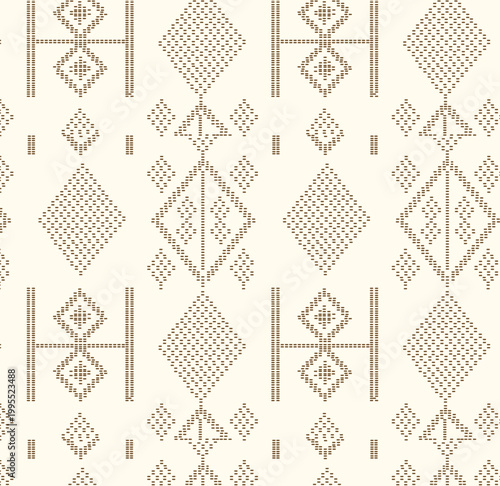Minimal geometric tribal pattern with dotted textures and neutral earth tones. Perfect for textiles, wallpapers, packaging, branding, fashion prints, and modern interior surface design.