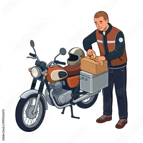Man delivering package on motorcycle with box and helmet