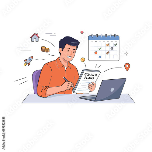 Man sitting at desk planning goals with laptop and notebook
