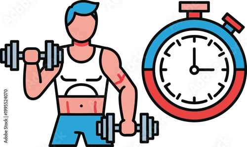 Man Exercising with Dumbbells Next to Stopwatch Icon, Fitness Time Concept