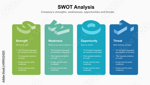 SWOT analysis template for strategic company planning. Four colorful elements with space for text inside. Modern Infographic design template. Vector illustration.