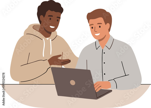 Two men discussing on laptop at table