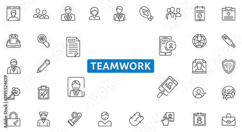 A diverse collection of icons representing teamwork, collaboration, and professional success