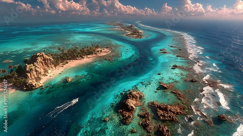 Turquoise tropical lagoon and white sand island from above pictures