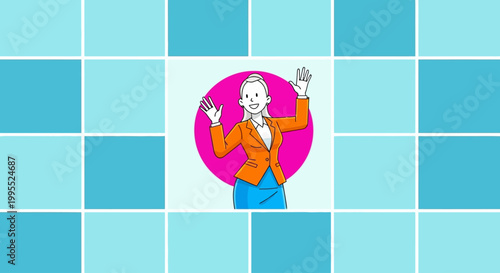 A blonde woman in an orange blazer waves happily from within a pink circle on a grid background