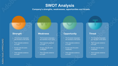SWOT analysis template for strategic company planning. Four colorful elements with space for text inside. Modern Infographic design template. Vector illustration.