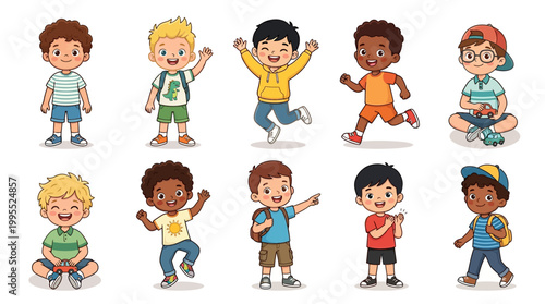 Cute Boy Full Body Character Vector Set – Kids Cartoon Male Illustration Collection