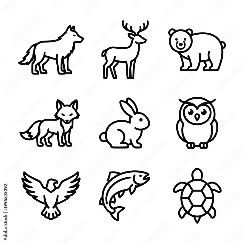 Obraz premium Wildlife Conservation and Animal Species Icon Set, Minimalist Outline Vector Symbols for Biodiversity, Nature Protection, Zoology, and Wild Fauna Ecology Concepts