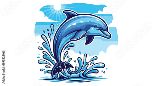 A dolphin jumping out of the water with a splash on a sunny day with blue ocean waves.