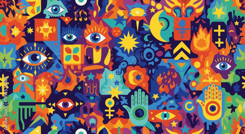 Esoteric Symbols Collage: Eyes, Stars, Moons, Hamsa Hand, Alchemy Icons - Vibrant Pattern