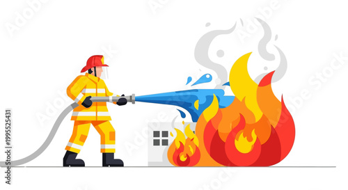 Firefighter spraying water on flames.